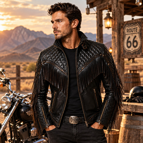 Mens fringe leather biker - mens,