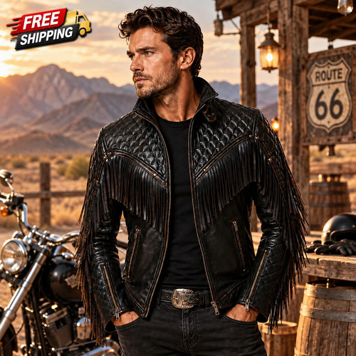 Mens fringe leather biker - fringe,